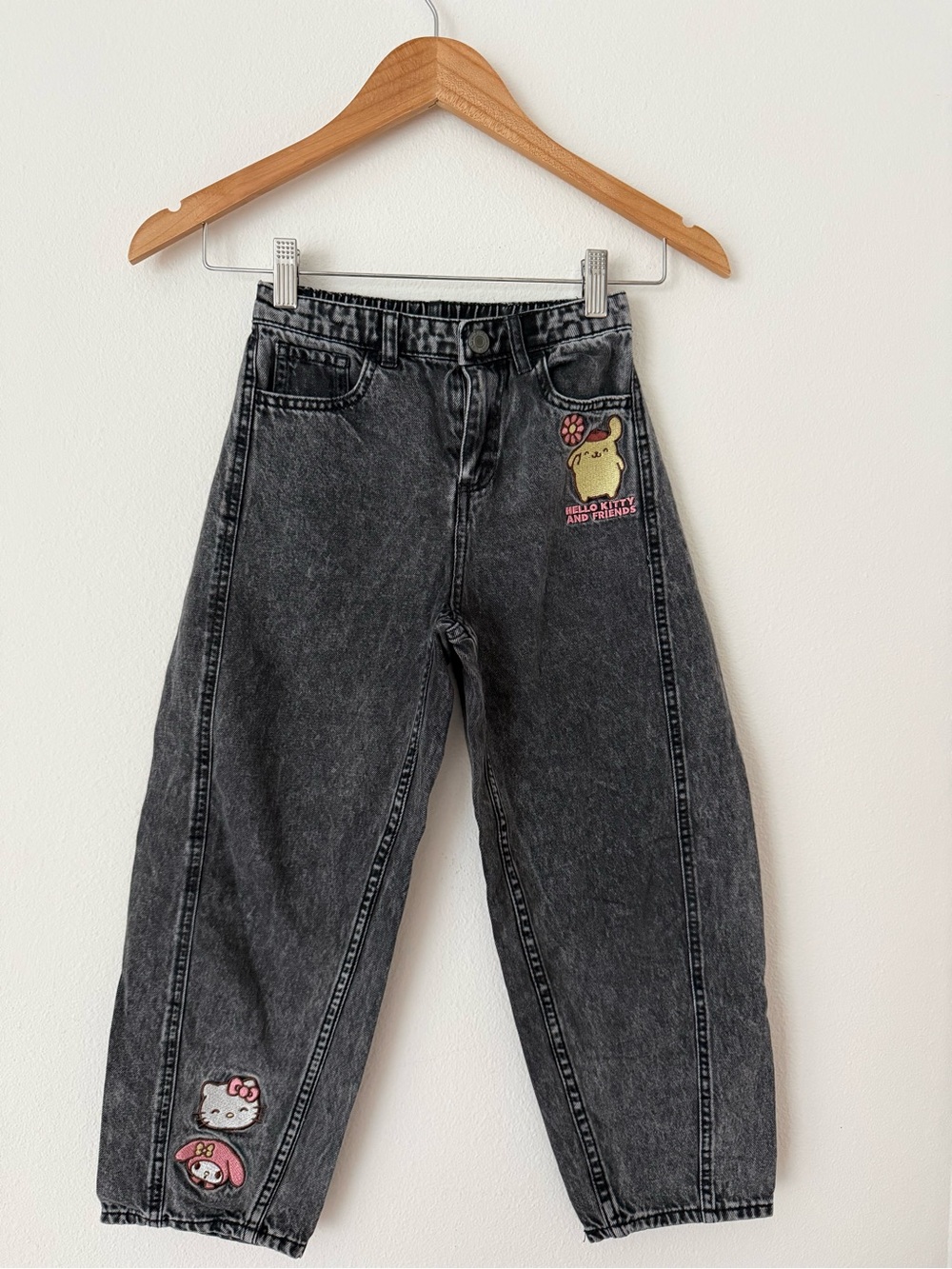 H&M Black Acid-Wash Kids Barrel Jeans with Hello Kitty & Friends Patches
